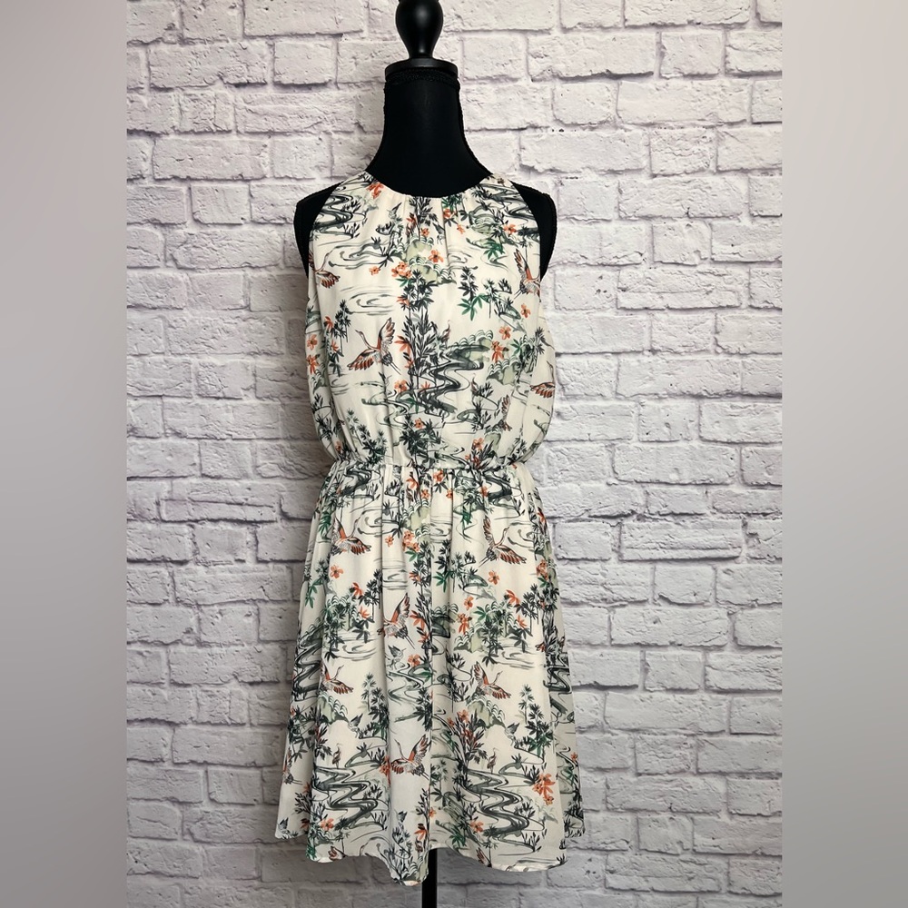 H&M Sleeveless Halter Dress with Crane Print size 8